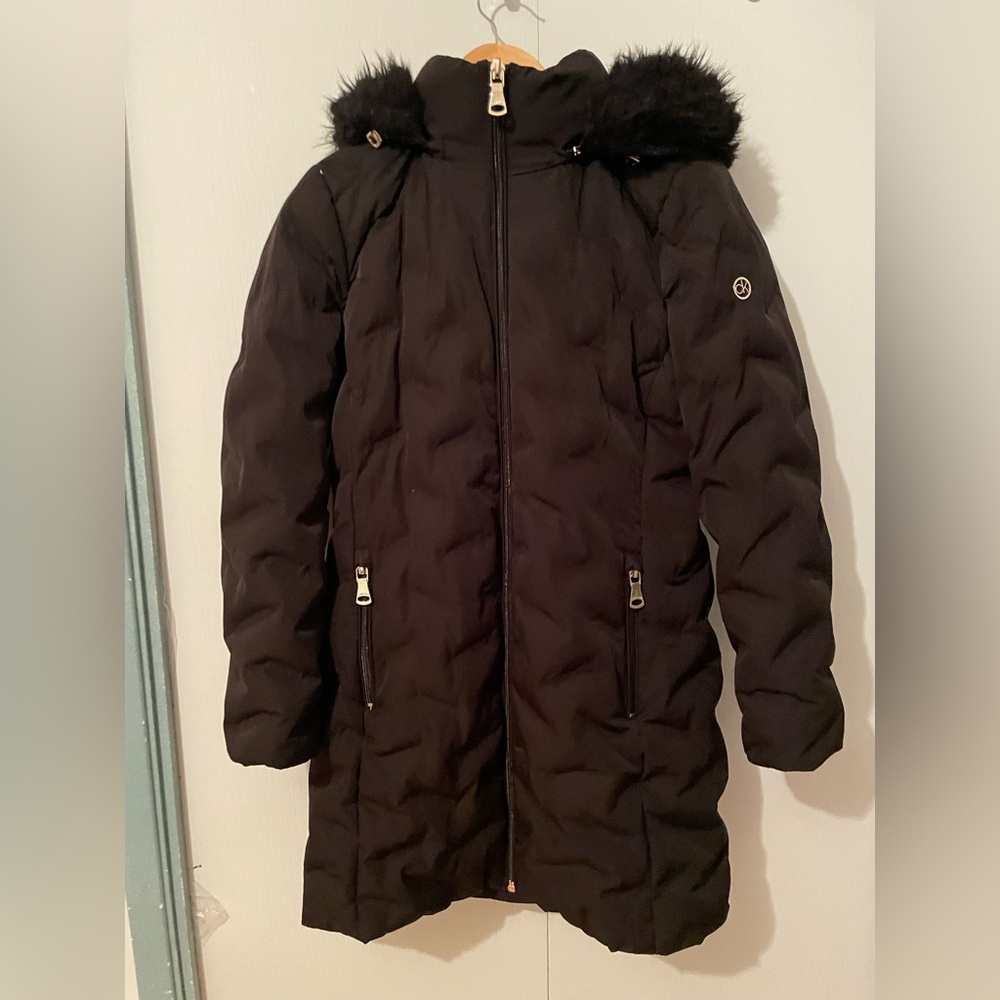 Womens Calvin Klein Duck Down-Water Foel Puffer Fleece Hood Long Winter Coat S